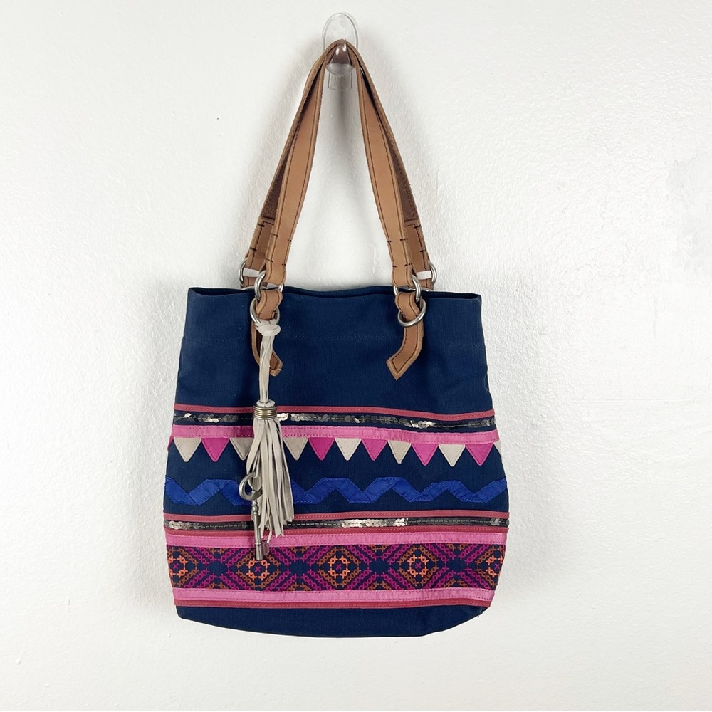 FOSSIL Jesse Navy Aztec Print Sequin Embellishment Canvas Shoulder Tote Festival